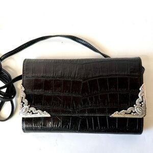 Vtg Brighton Black Leather Metal Trim Crossbody Organizer Purse Women Accessorie